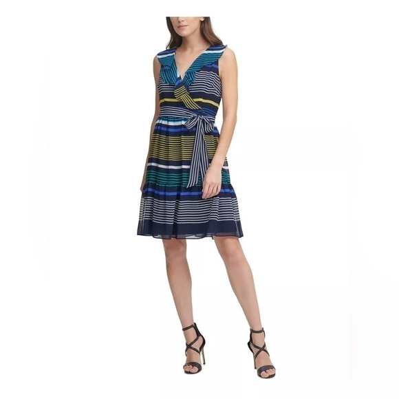 DKNY Womens Navy Ruffled Zippered Belted Lined Striped Sleeveless Surplice Dress - Picture 2 of 11